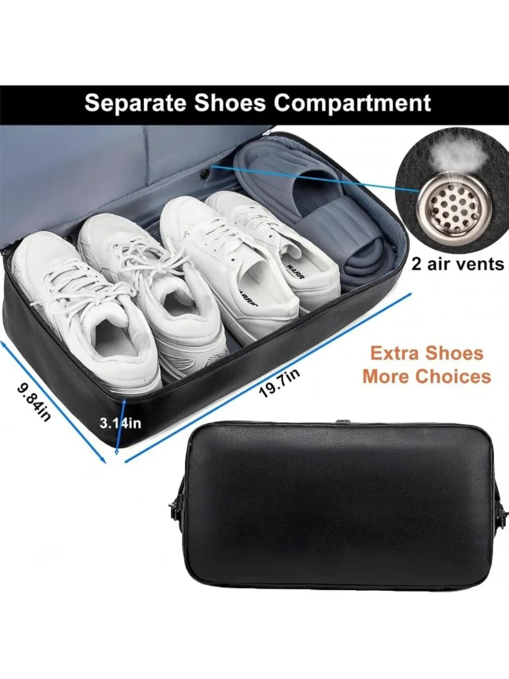 Large Faux Leather Weekender Duffel Bag with Shoes Compartment & Waterproof
